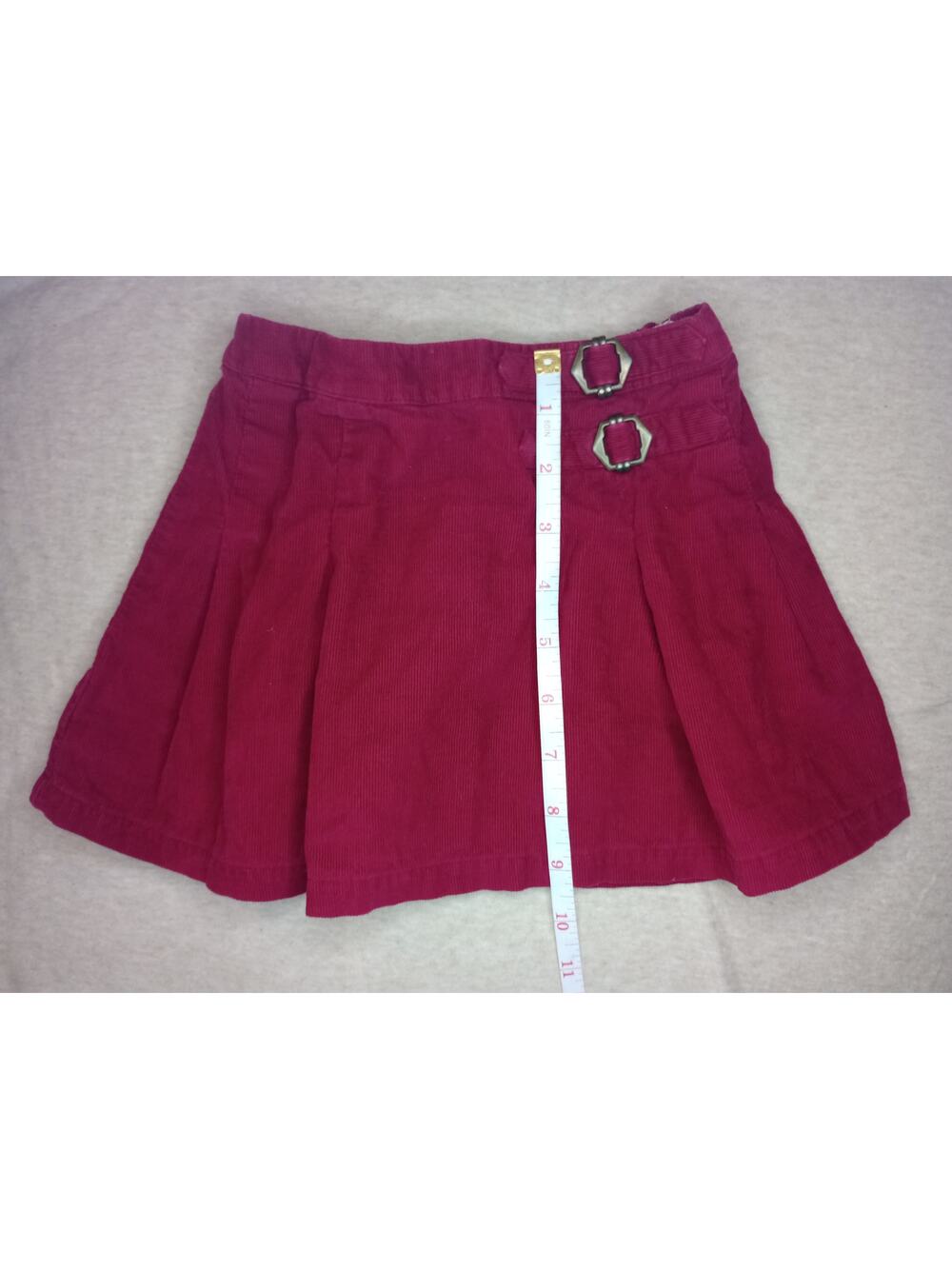 M&S Kids Red Maroon Corduroy Skirt Buckles Pleated 2-3 Years EUC